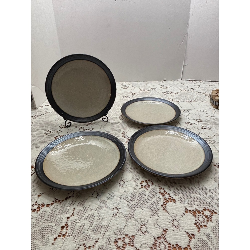 Sango Omega Pearl 4662 Salad Plates Set of 4 Stoneware Grey Black Rim 8.25"‎